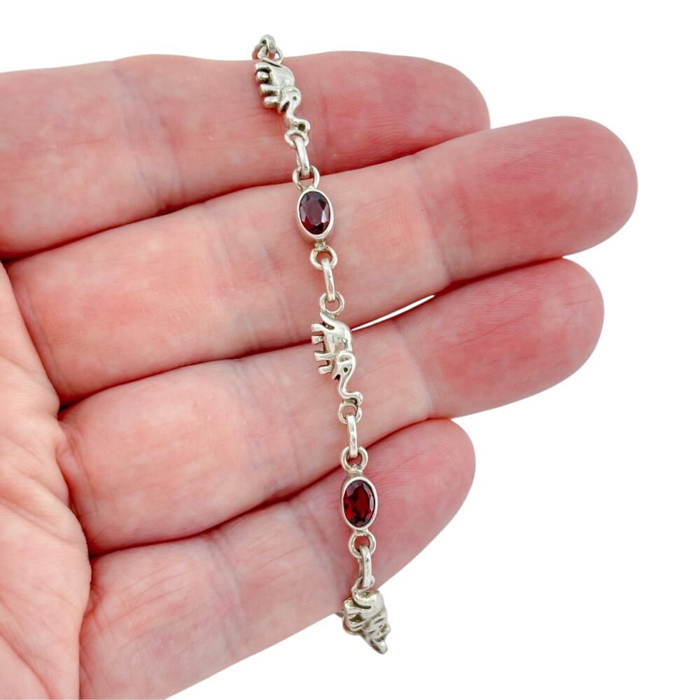 Vintage Sterling Silver 925 Garnet Elephant Bracelet 7.5" to 8"